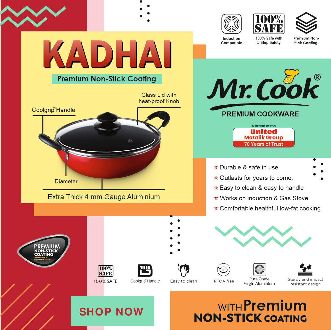 Mr.Cook Non Stick Deep Kadai with Glass Lid 4MM Thick Aluminum