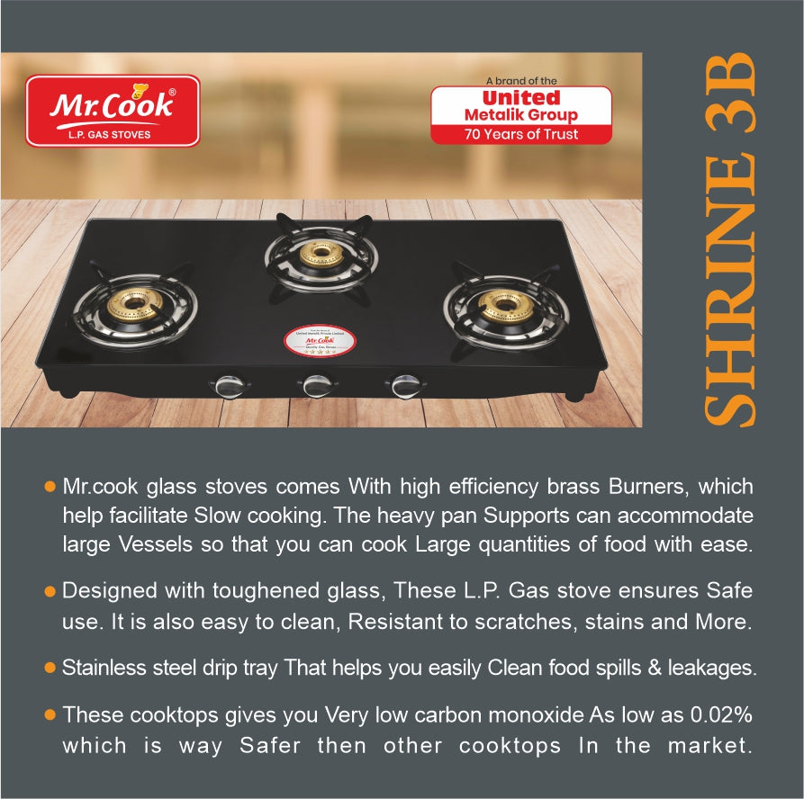 Mr.Cook Shrine 3 Burner L.P. Gas Stove (Glass Top)
