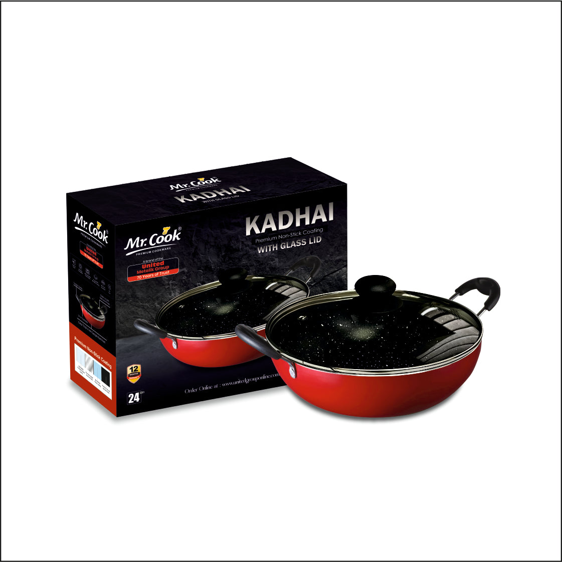 Mr.Cook Non Stick Deep Kadai with Glass Lid 4MM Thick Aluminum