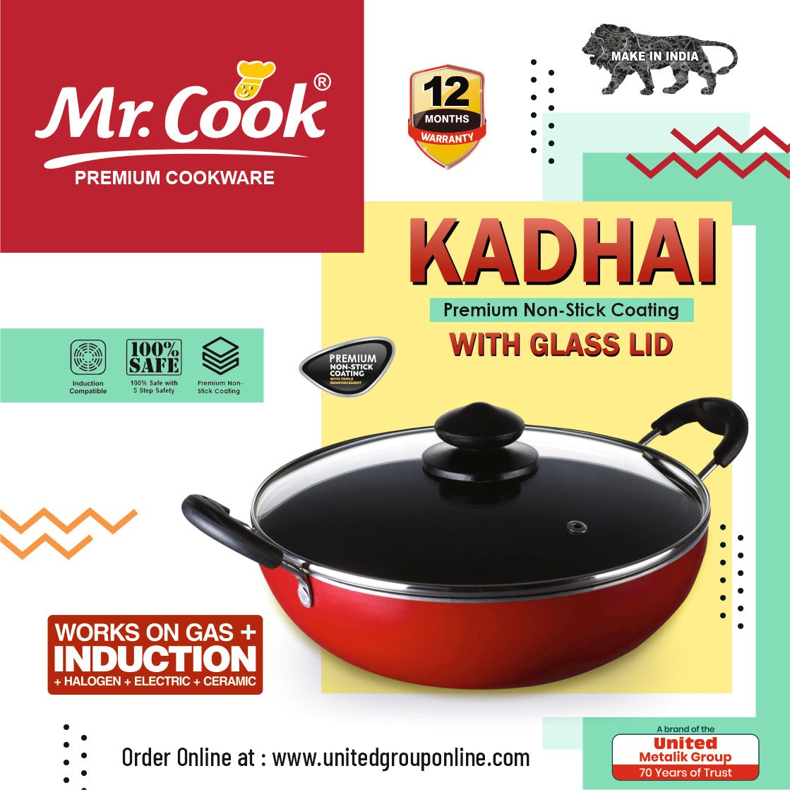 Mr.Cook Non Stick Deep Kadai with Glass Lid 4MM Thick Aluminum