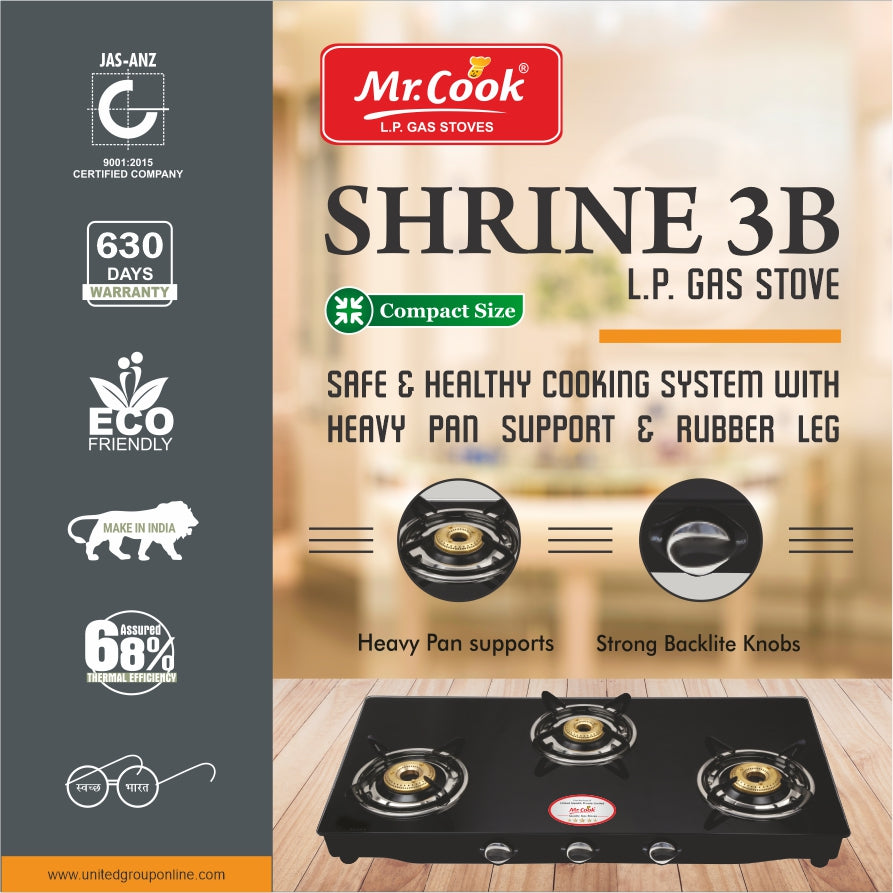 Mr.Cook Shrine 3 Burner L.P. Gas Stove (Glass Top)