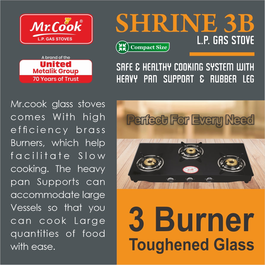 Mr.Cook Shrine 3 Burner L.P. Gas Stove (Glass Top)