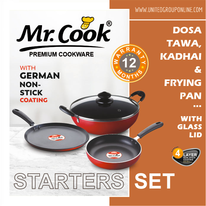 Mr.Cook Non-Stick Cookware 3 Pc Kitchen Set With Glass Lid