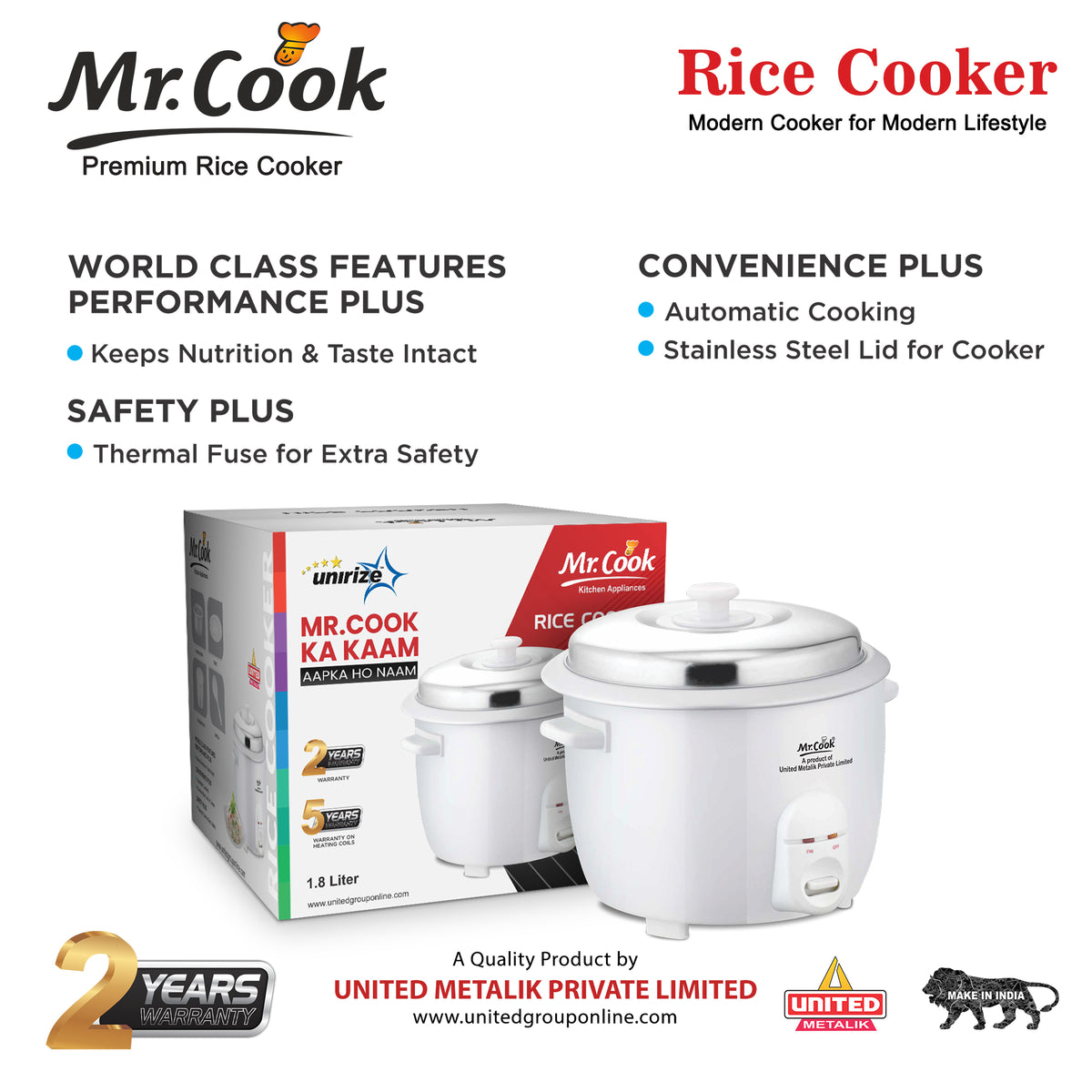 Mr Rice Cooker Buy Mr.Cook 1.8 Litre One Touch 700W Rice Cooker online – unitedcookers