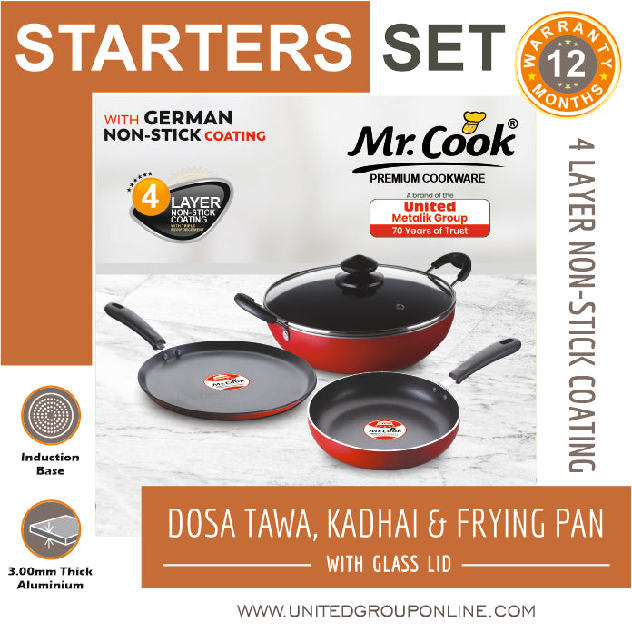 Mr.Cook Non-Stick Cookware 3 Pc Kitchen Set With Glass Lid