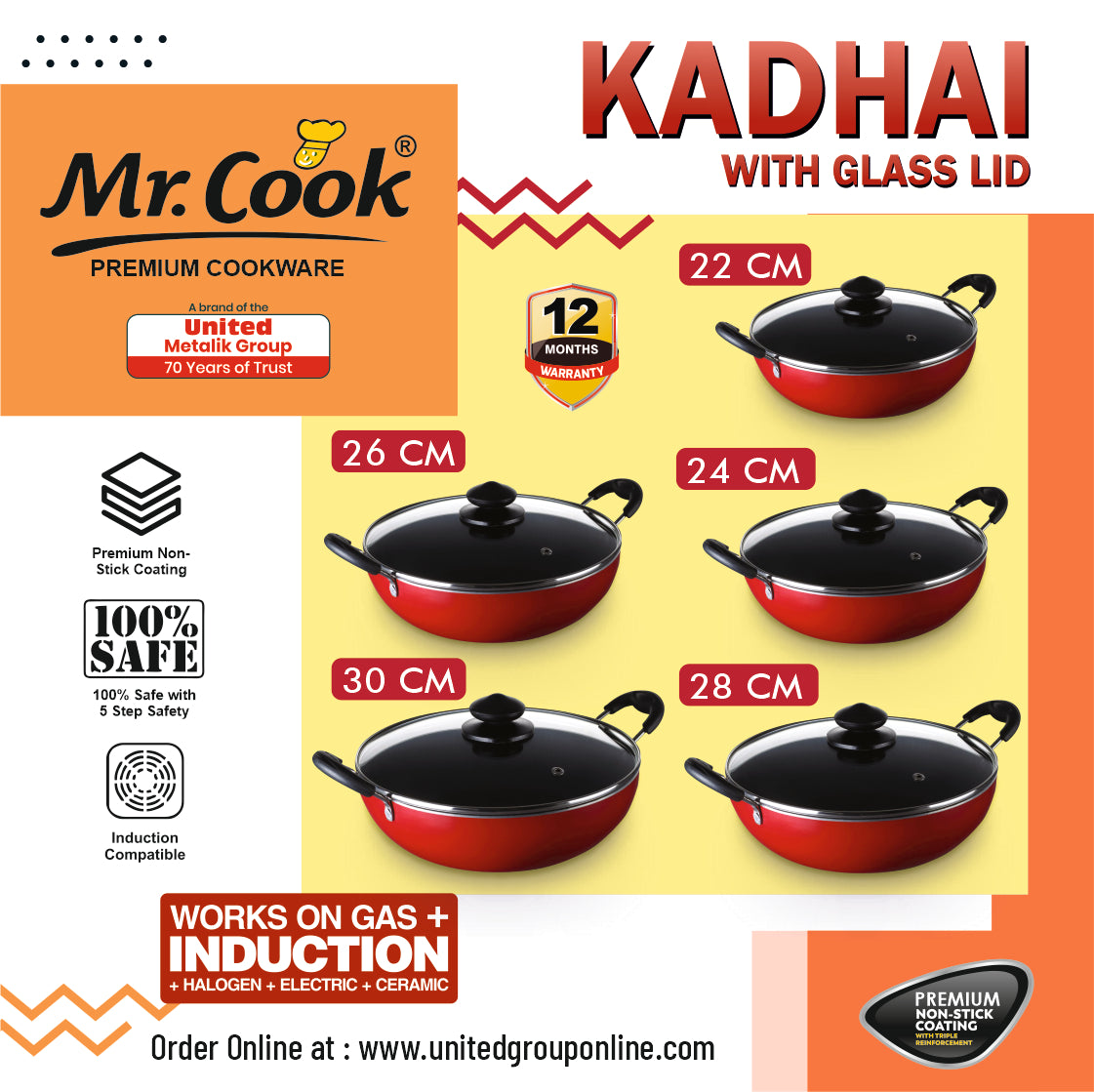Mr.Cook Non Stick Deep Kadai with Glass Lid 4MM Thick Aluminum