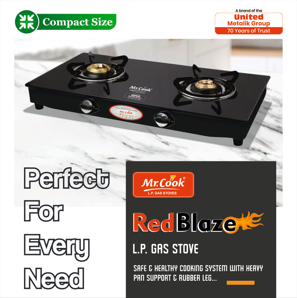Mr.Cook Red Blaze 2 Burner L.P. Gas Stove (Glass Top)