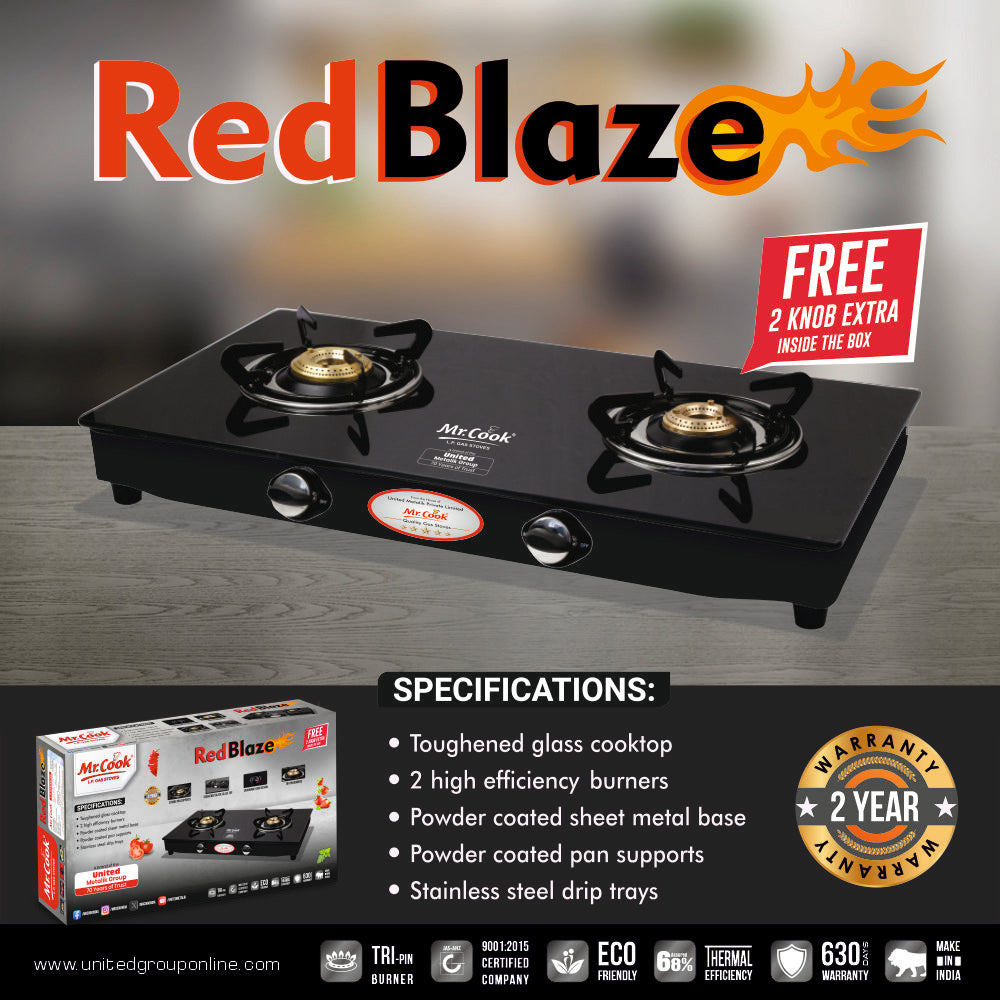 Mr.Cook Red Blaze 2 Burner L.P. Gas Stove (Glass Top)