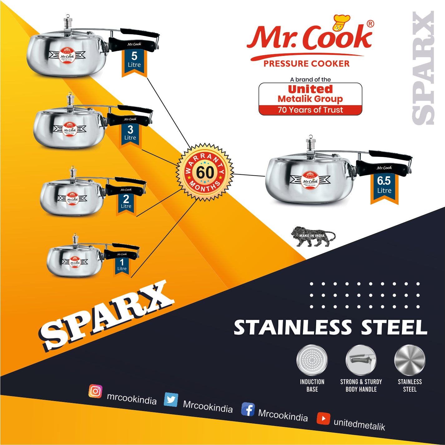 Buy Online Stainless Steel Induction Base Pressure Cooker Online Mr Cook Sparx