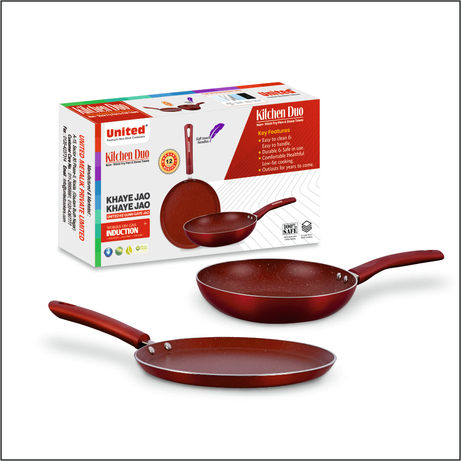 United Red Marble Finish Dosa and Frying Pan Duo Set
