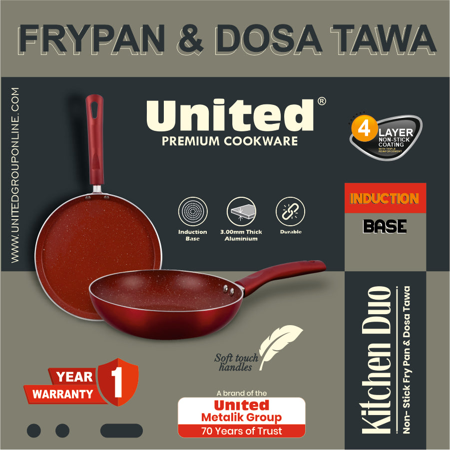 United Red Marble Finish Dosa and Frying Pan Duo Set
