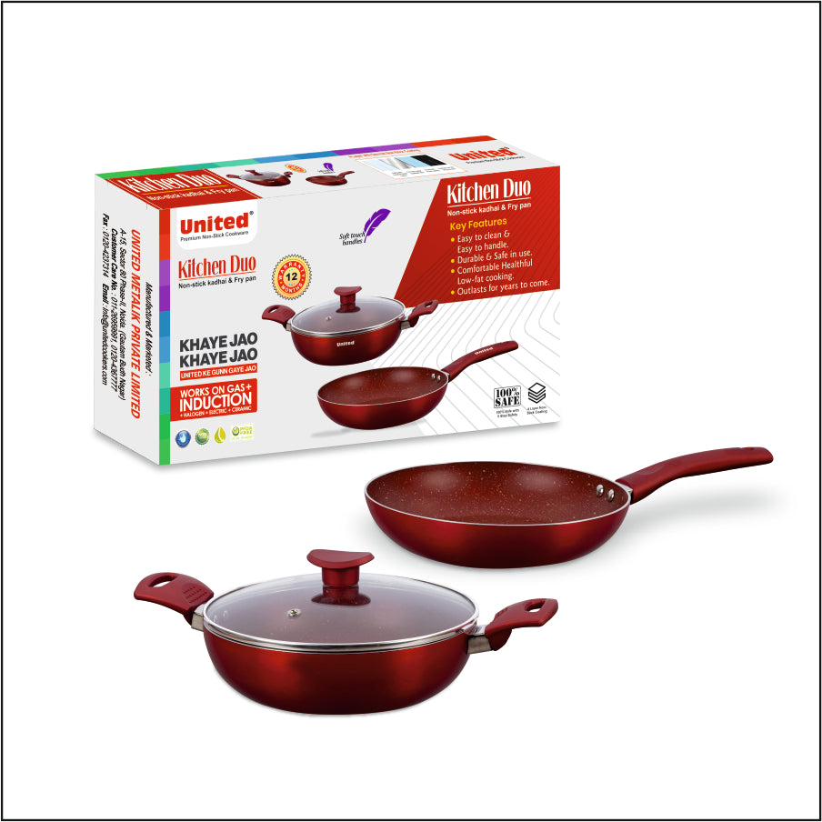 United Red Kadai and Fry Pan Set