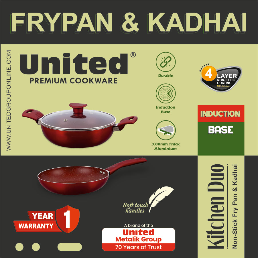 United Red Kadai and Fry Pan Set