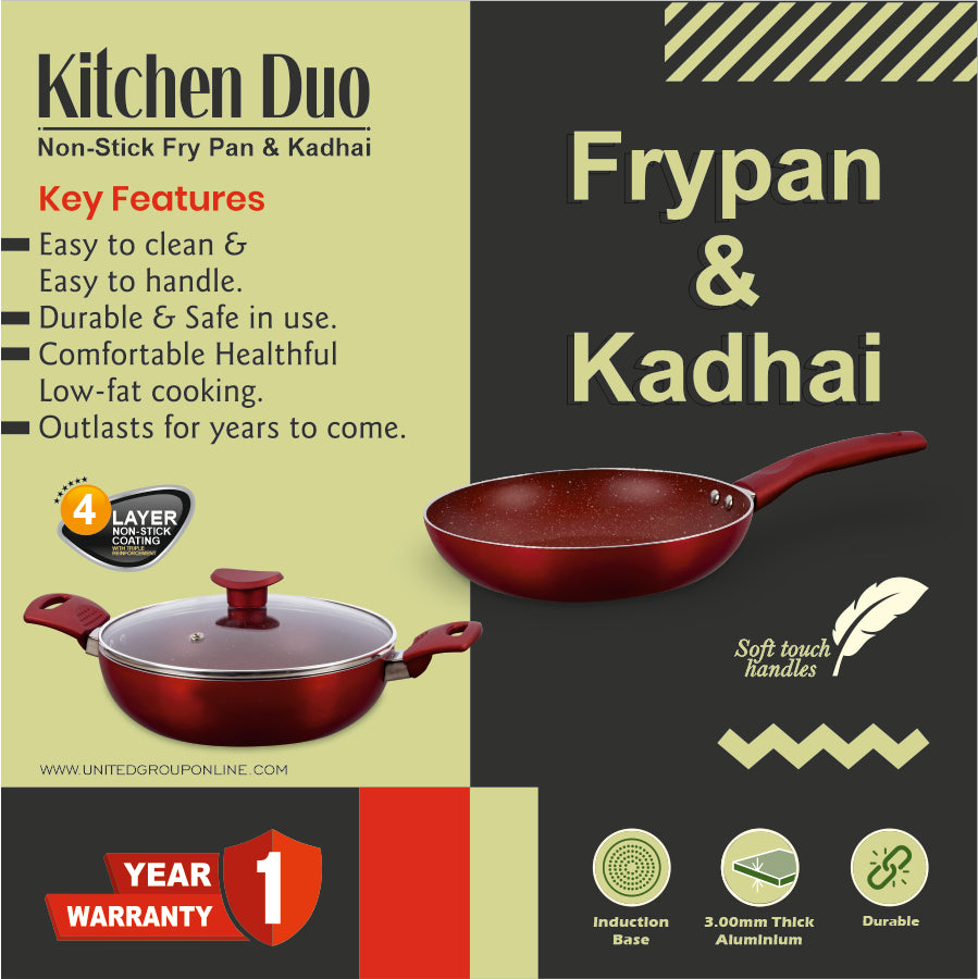 United Red Kadai and Fry Pan Set