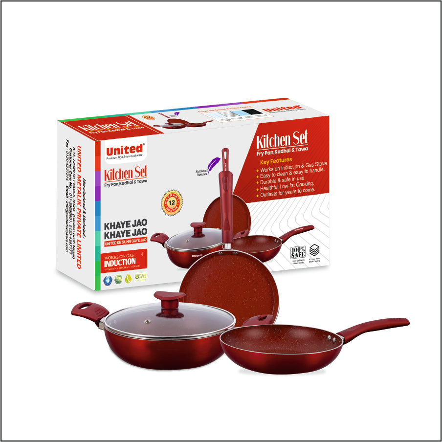 United Red Marble Finish Tawa, Kadai and Frying Pan Set