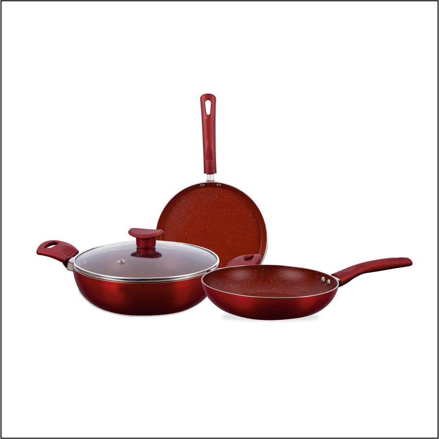 United Red Marble Finish Tawa, Kadai and Frying Pan Set