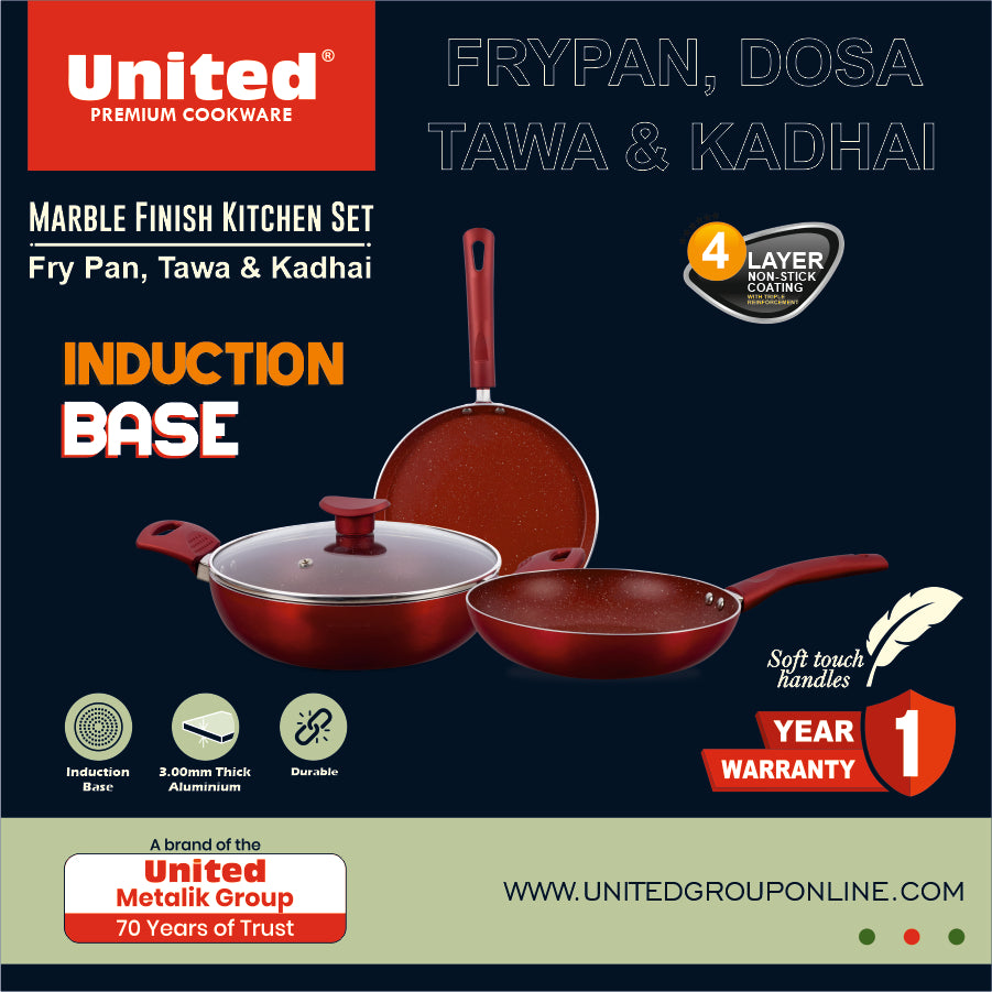United Red Marble Finish Tawa, Kadai and Frying Pan Set