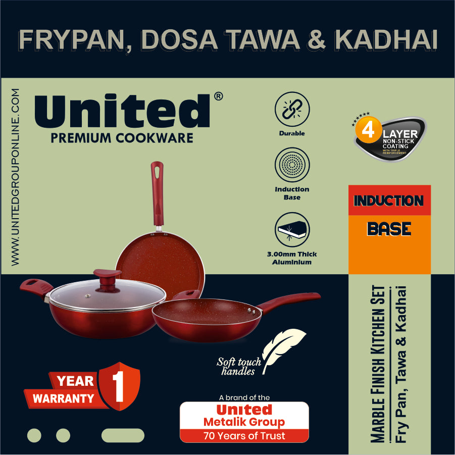 United Red Marble Finish Tawa, Kadai and Frying Pan Set