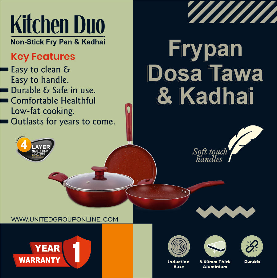 United Red Marble Finish Tawa, Kadai and Frying Pan Set