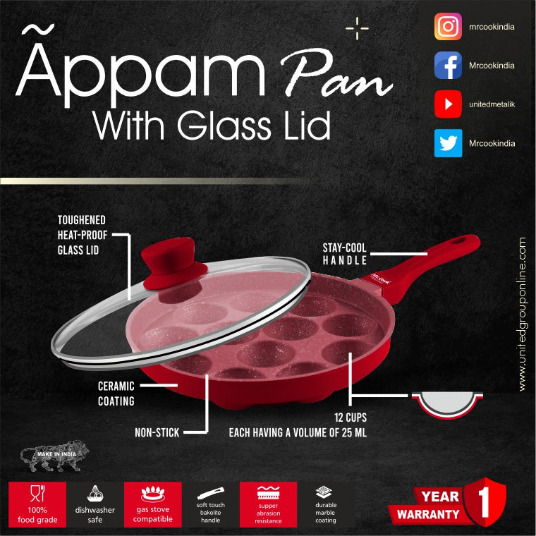 Mr.Cook Non-Stick Appam Pan with Glass Lid