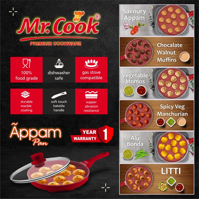 Mr.Cook Non-Stick Appam Pan with Glass Lid
