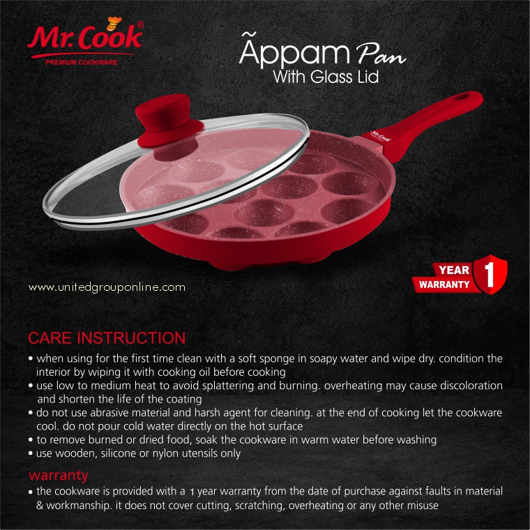 Mr.Cook Non-Stick Appam Pan with Glass Lid