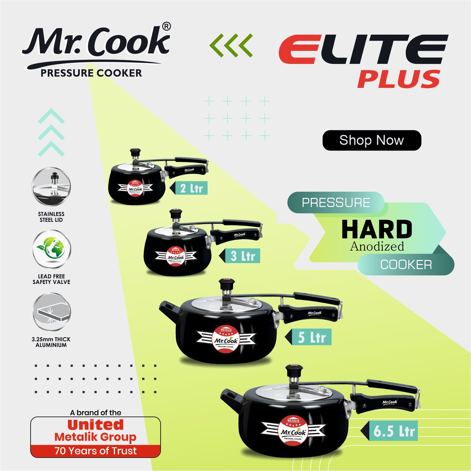 Pressure Cooker Aluminium 1 Liter 3 Liter 5 Liter 6.5 Liter Mr Cook Elite Plus