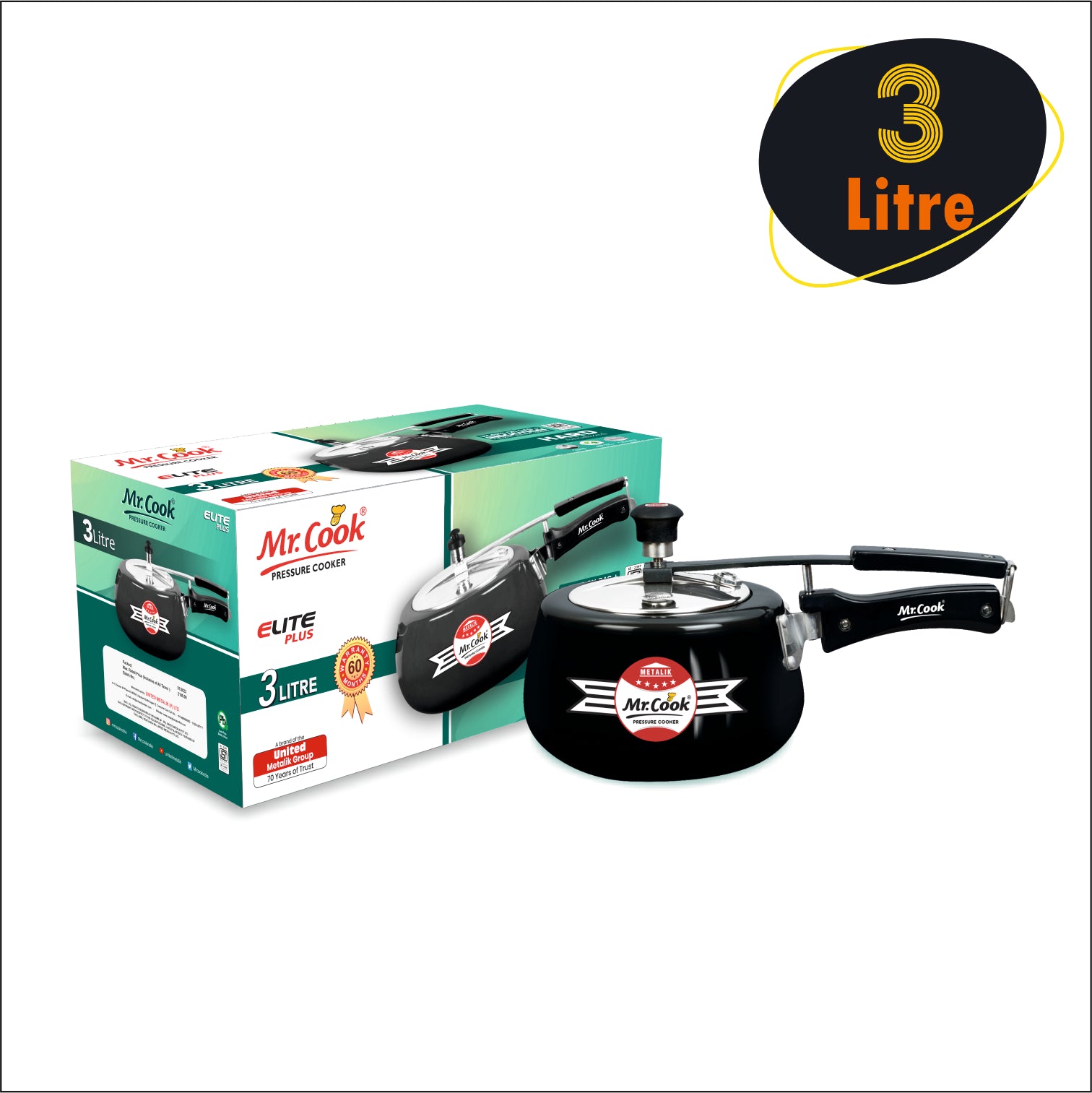 Pressure Cooker Aluminium 1 Liter 3 Liter 5 Liter 6.5 Liter Mr Cook Elite Plus