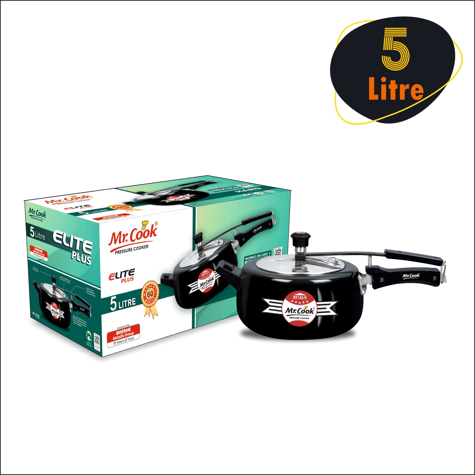 Pressure Cooker Aluminium 1 Liter 3 Liter 5 Liter 6.5 Liter Mr Cook Elite Plus