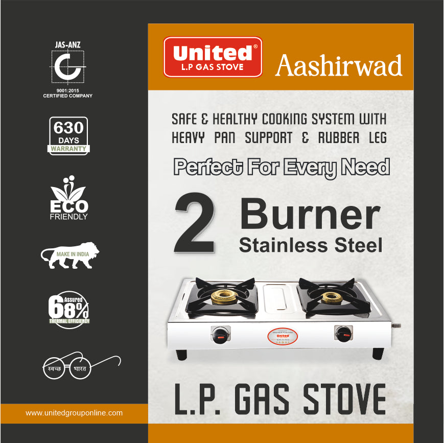 United Aashirwad 2 Burner L.P. Gas Stove (Stainless Steel)