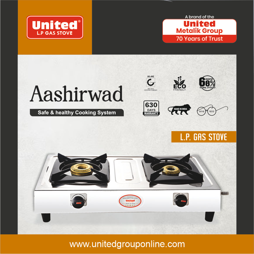 United Aashirwad 2 Burner L.P. Gas Stove (Stainless Steel)