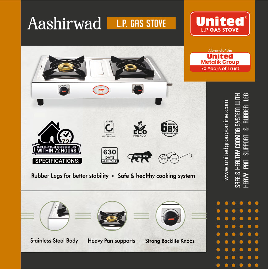 United Aashirwad 2 Burner L.P. Gas Stove (Stainless Steel)
