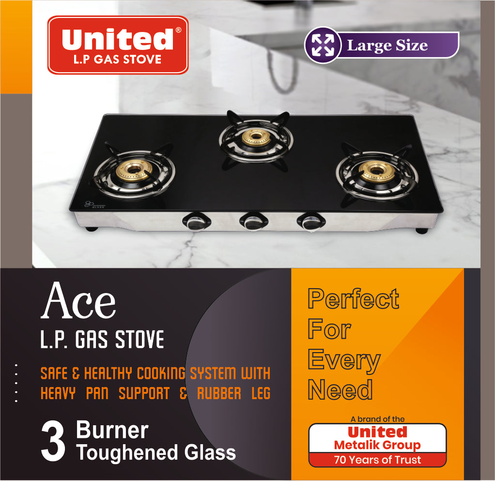 United Ace 3 Burner L.P. Gas Stove Large Size (Glass Top)
