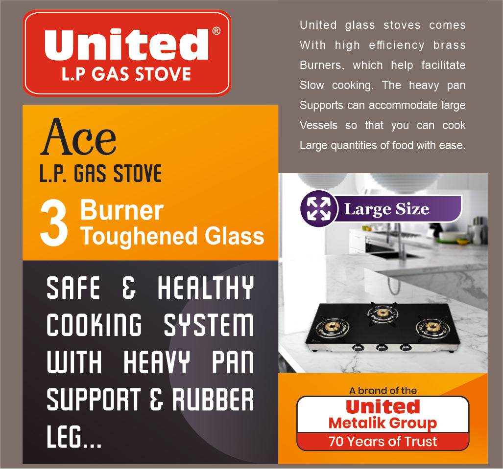 United Ace 3 Burner L.P. Gas Stove Large Size (Glass Top)