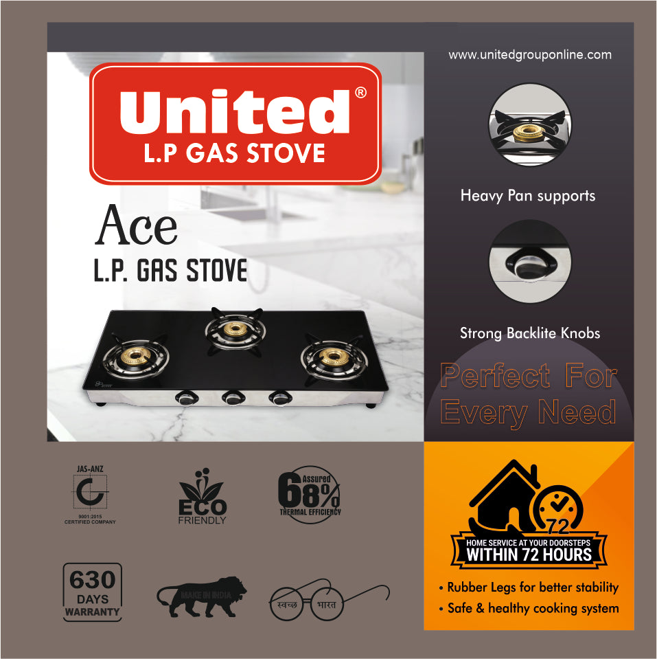 United Ace 3 Burner L.P. Gas Stove Large Size (Glass Top)