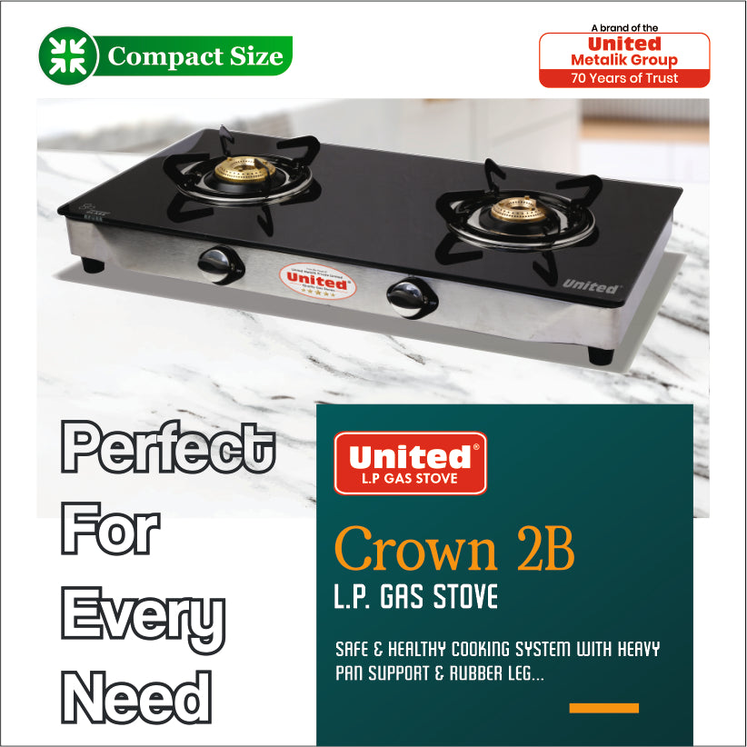 United Crown 2 Burner L.P. Gas Stove (Glass Top)