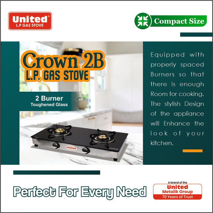 United Crown 2 Burner L.P. Gas Stove (Glass Top)