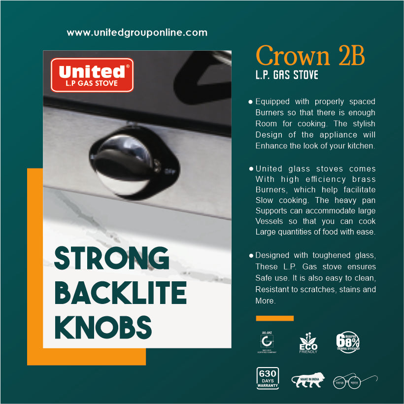 United Crown 2 Burner L.P. Gas Stove (Glass Top)