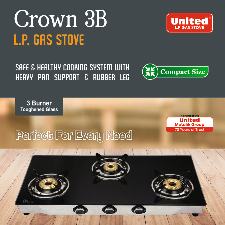 United Crown 3 Burner L.P. Gas Stove (Glass Top)