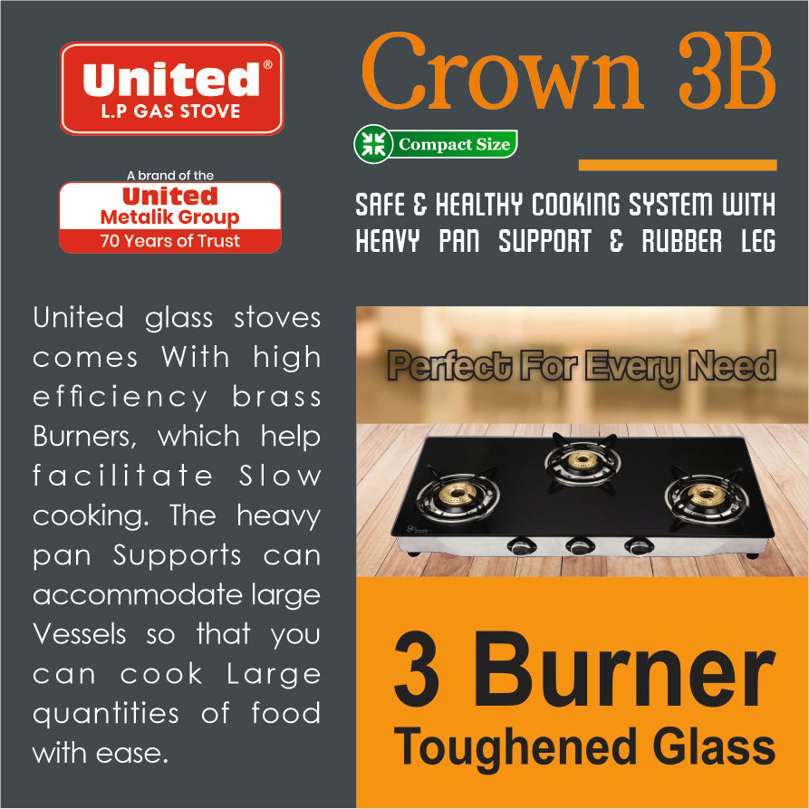 United Crown 3 Burner L.P. Gas Stove (Glass Top)