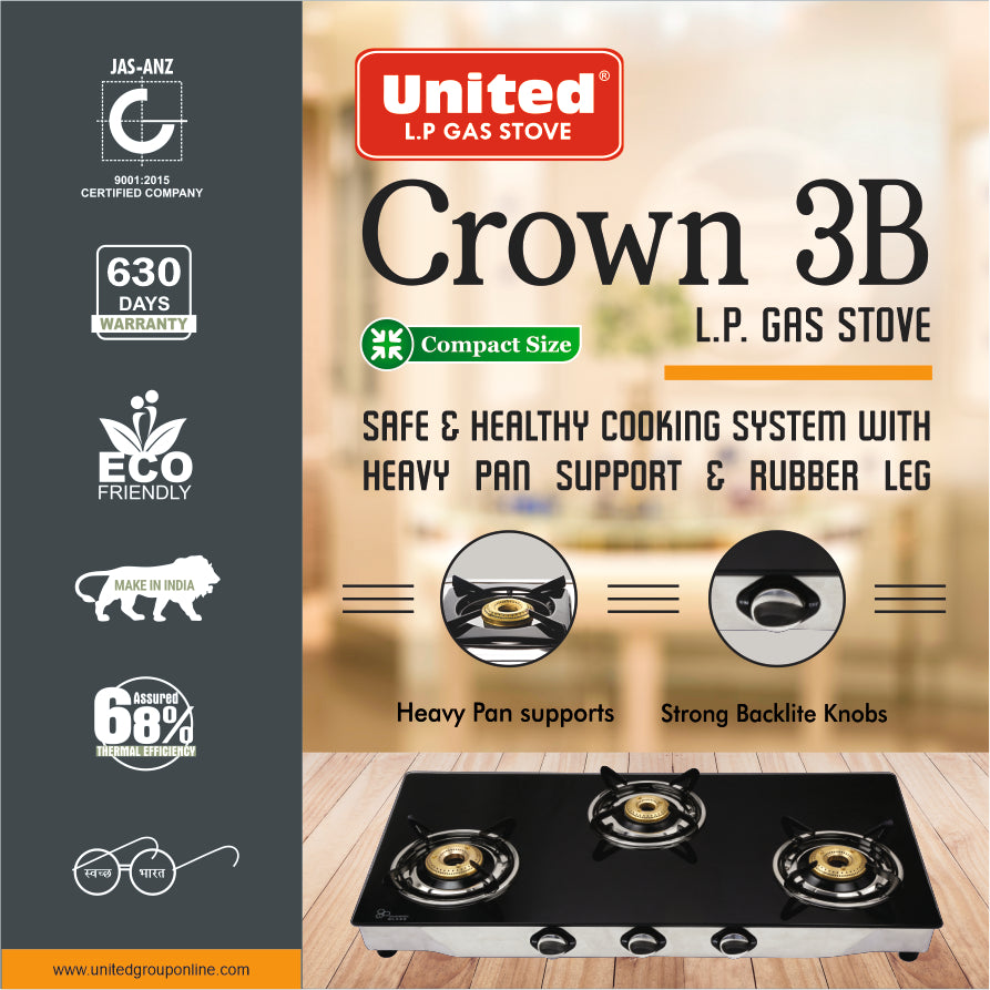 United Crown 3 Burner L.P. Gas Stove (Glass Top)