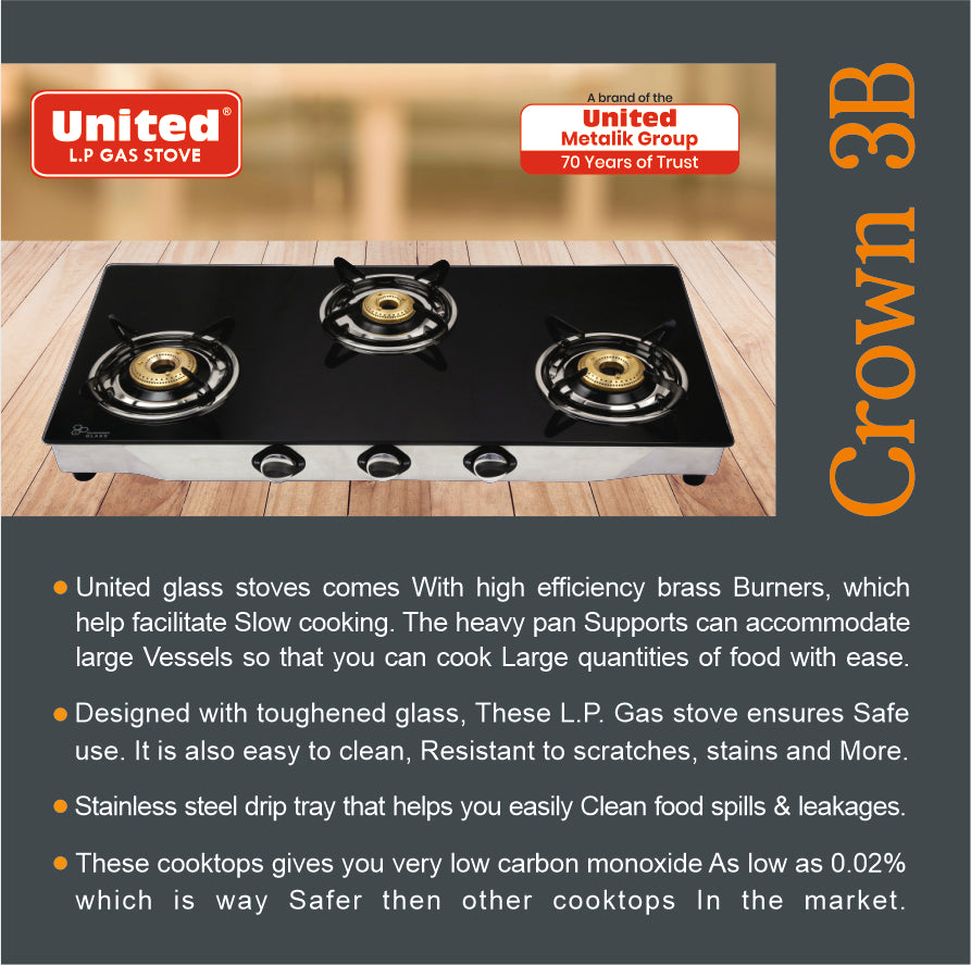 United Crown 3 Burner L.P. Gas Stove (Glass Top)