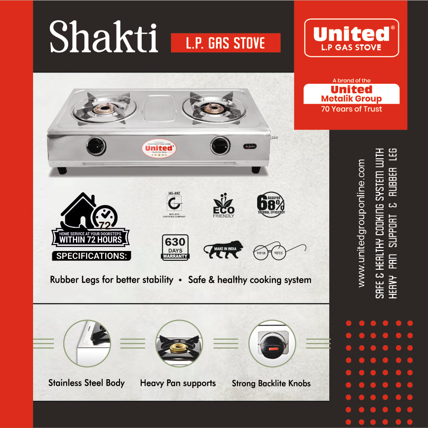 United Shakti 2 Burner L.P. Gas Stove (Stainless Steel)